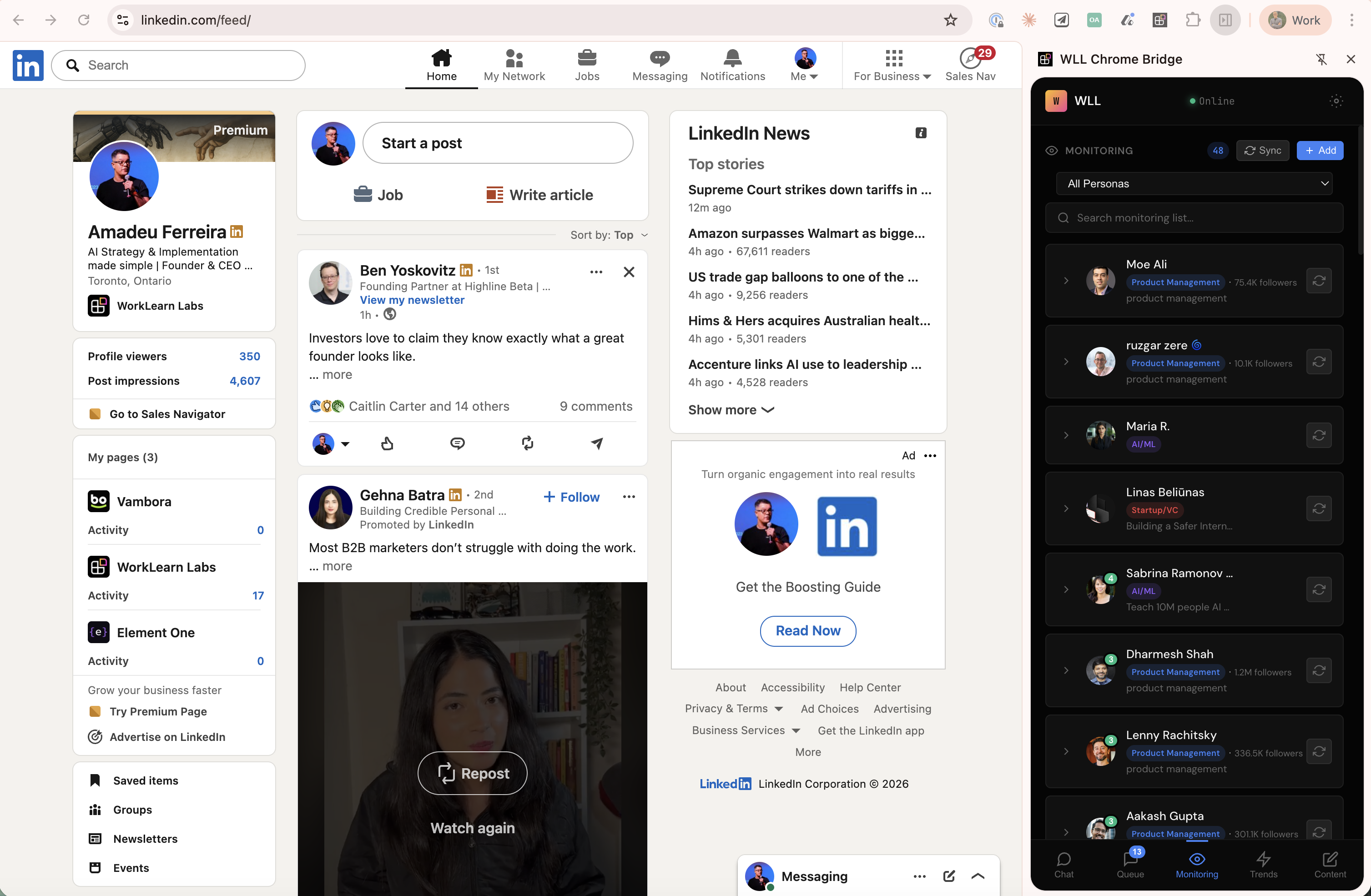The WLL Chrome Bridge sidebar running alongside LinkedIn, showing thought leader monitoring with persona tags, follower counts, and a queue of pending engagement tasks
