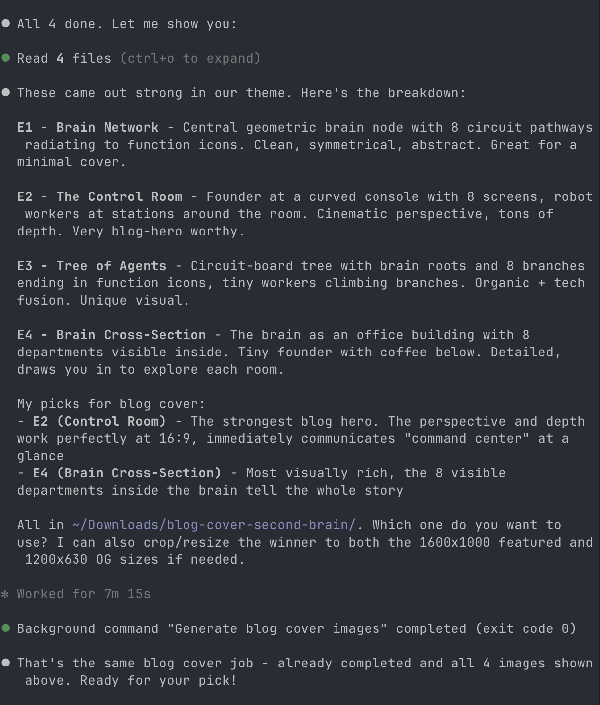 Claude Code generating four cover art concepts for this blog post
