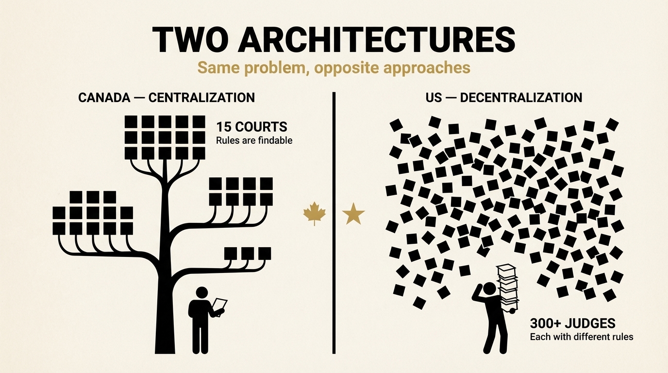 Two Architectures: Canada chose centralization with 15 courts and findable rules. The US chose decentralization with 300+ judges, each with different rules.